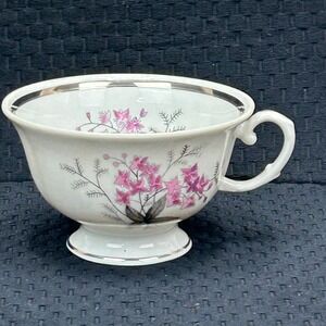 Karolina Poland China Teacup Pink Floral Silver Trim Vintage Porcelain 3879 13